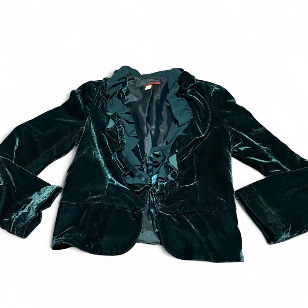 Y2K Tapemeasure Teal Emerald Velvet Ruffle Tie-Front Blazer Jacket Size 4 - Picture 3 of 11